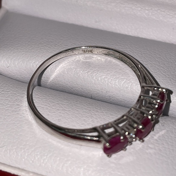 Solid 10K (not 14K ) White Gold Natural Oval Cut Ruby Trio Diamond Band Ring - Picture 9 of 16